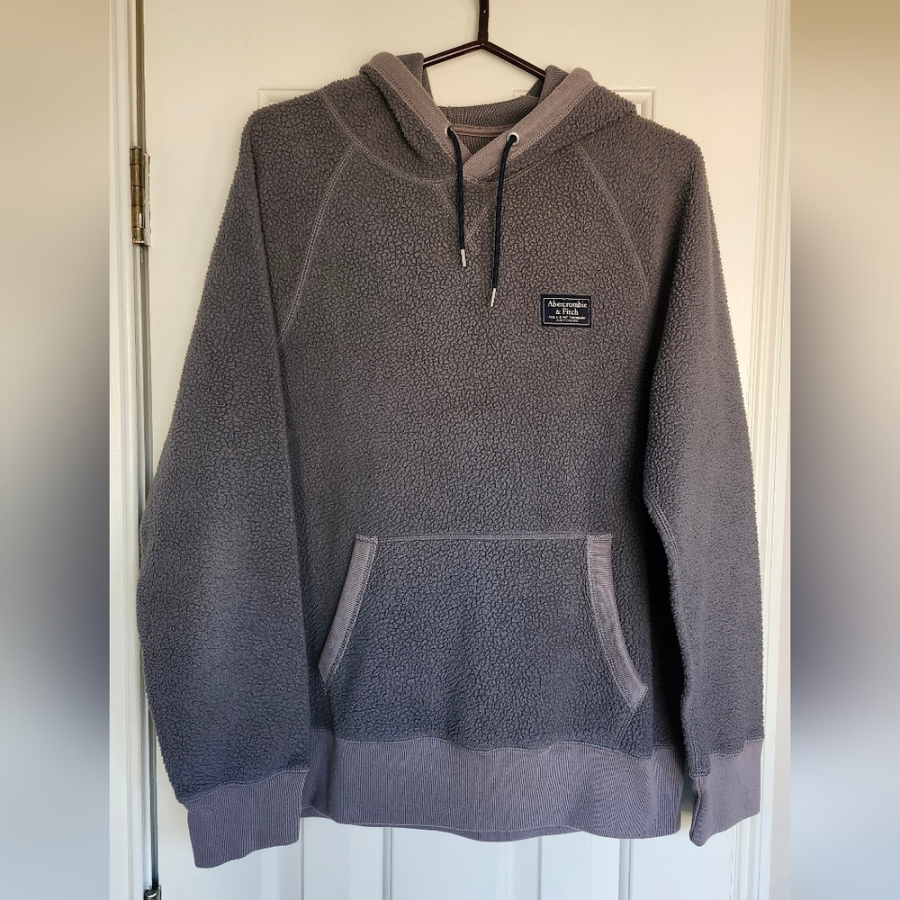 ABERCROMBIE & FITCH PULLOVER HOODIE, FLEECE, GRAY, NAVY TRIM, MEN'S LARGE